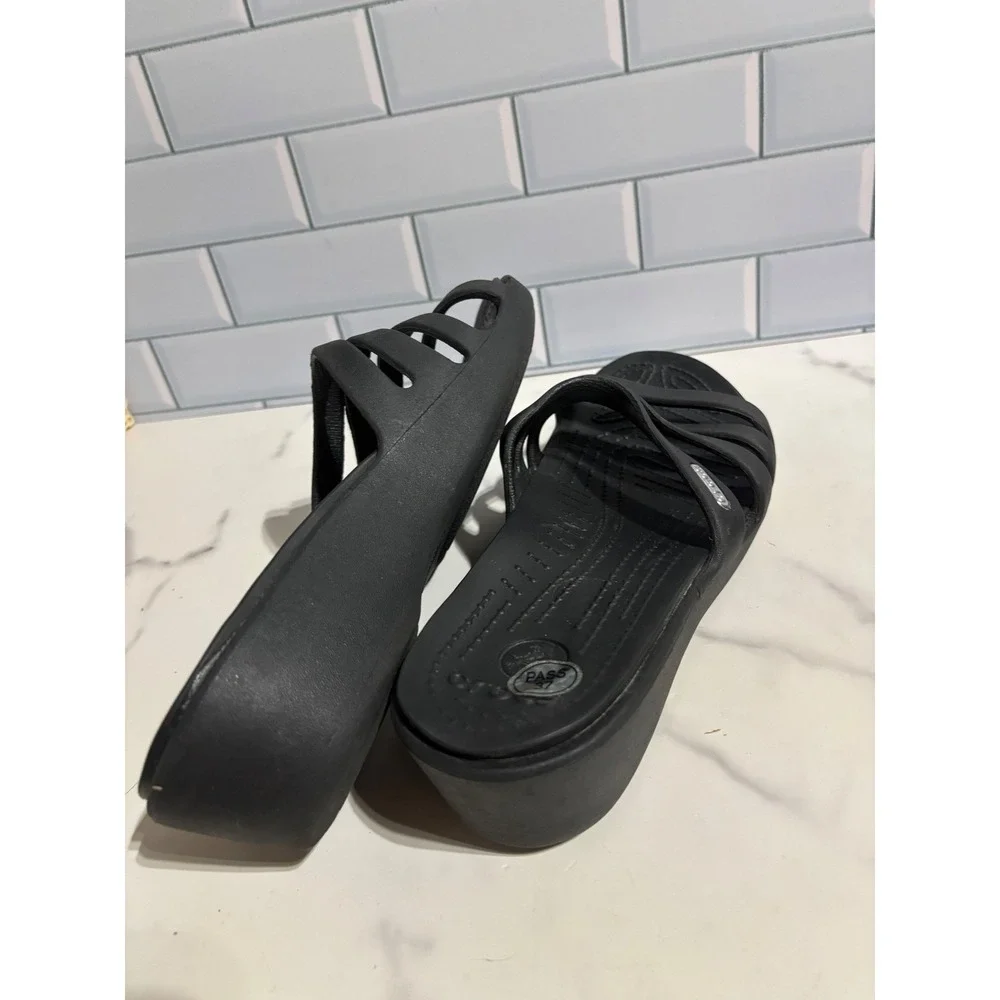 Crocs Rhonda Strappy Wedge Sandals Black Womens Size 8 Slip On Casual Shoes